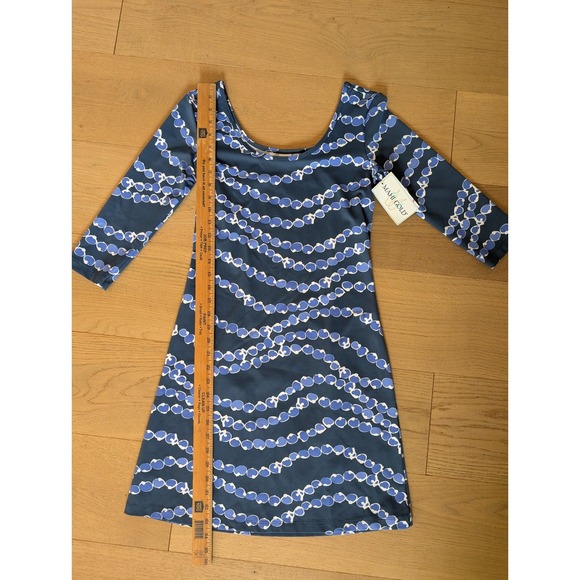 Mahi Gold Jersey Knit‎ Dress Scoop Neck 3/4 Sleeve Blue White Print XS - Picture 8 of 10